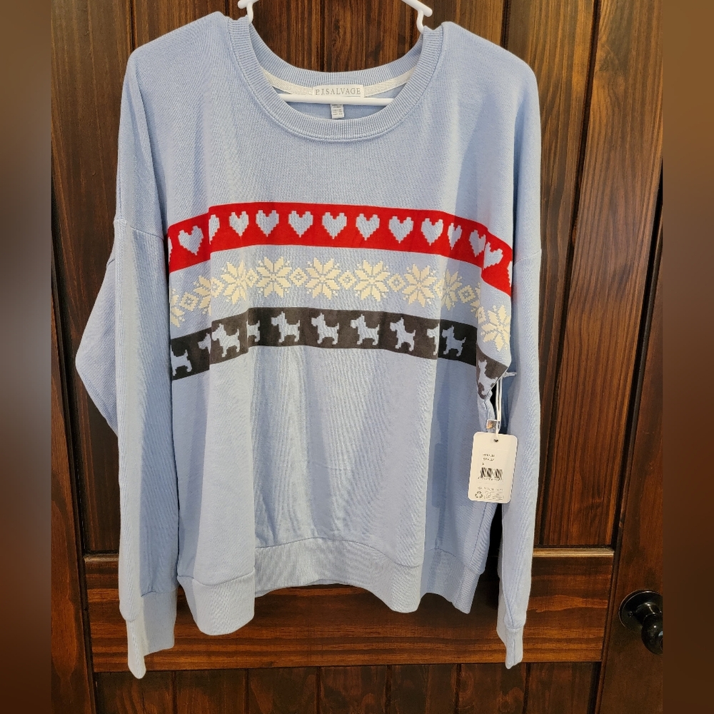 PJ Salvage Light Blue Sweater with Red and White Pattern